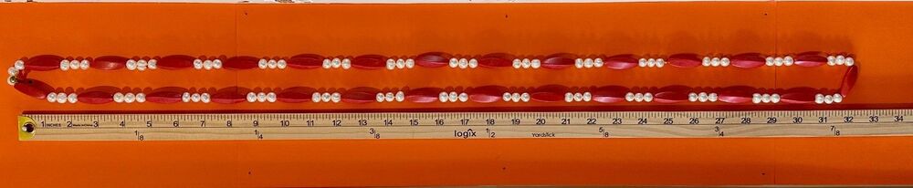Vintage Red Stone Genuine Pearl Necklace Flapper 64" Knotted Statement Heavy - Picture 15 of 15